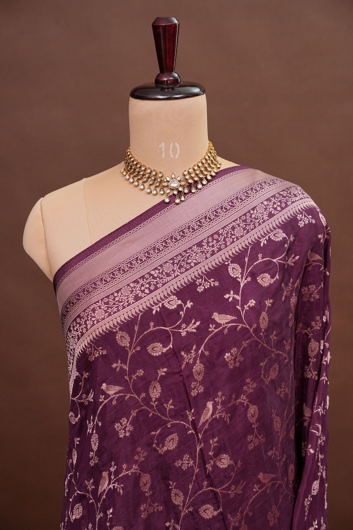 Banarasi Silk Saree – Rich Plum Purple with Intricate Gold Zari Floral Weave