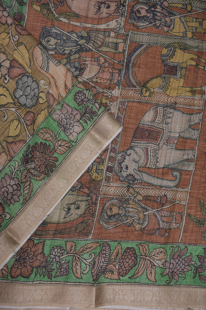 Linen Tussar Saree with Kalamkari Digital Print – Rust Brown Heritage Theme