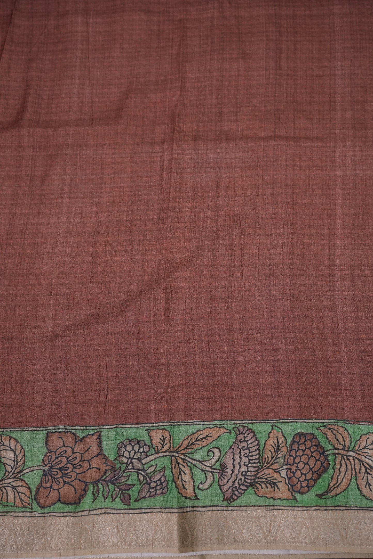 Linen Tussar Saree with Kalamkari Digital Print – Rust Brown Heritage Theme