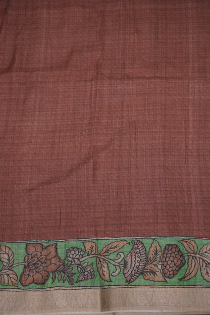 Linen Tussar Saree with Kalamkari Digital Print – Rust Brown Heritage Theme