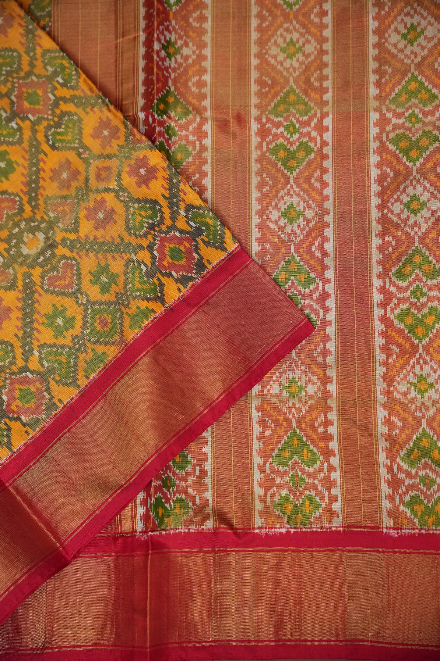 Mustard Yellow Pochampally Ikkat Silk Saree with Red Tissue Border