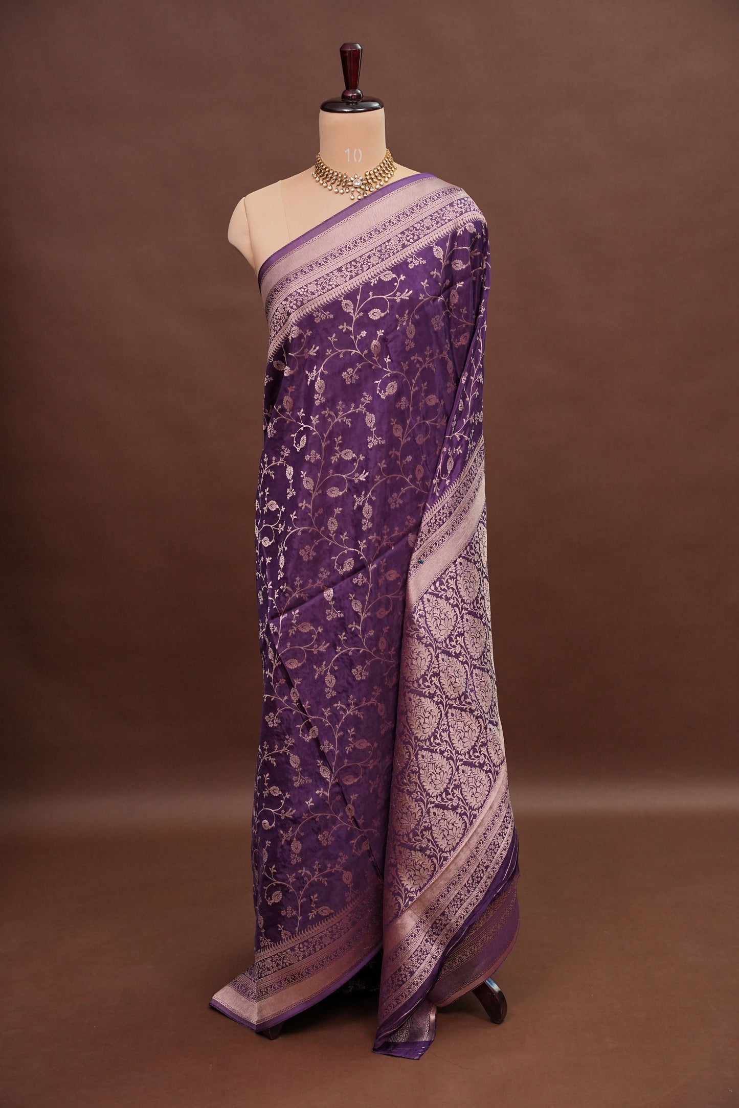 Banarasi Silk Saree - Deep Violet Purple with Gold Zari Floral Weave