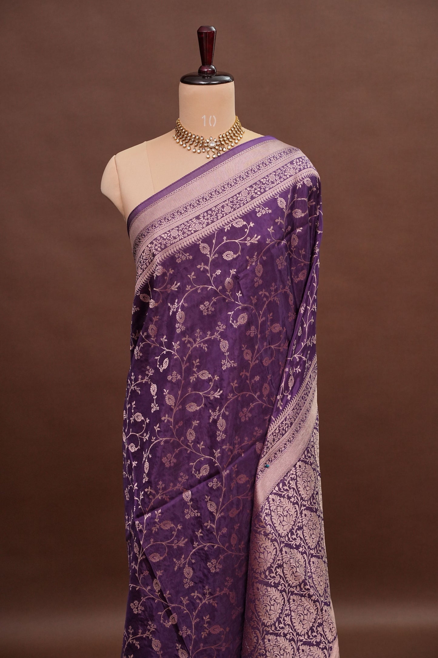 Banarasi Silk Saree - Deep Violet Purple with Gold Zari Floral Weave