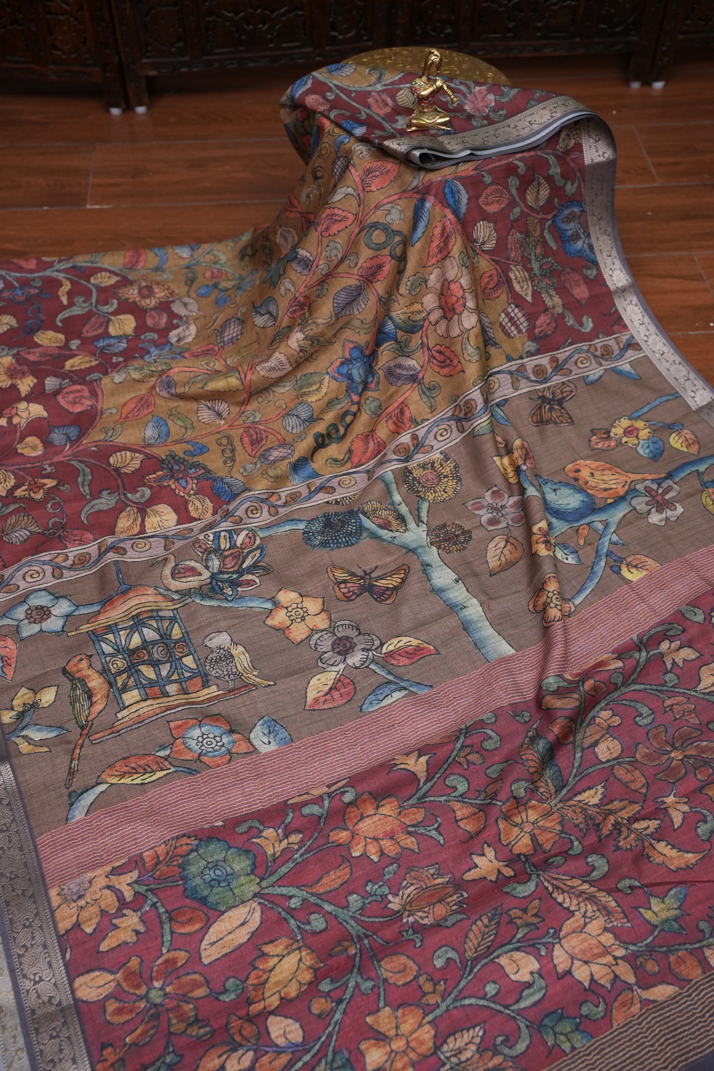 Linen Tussar Saree with Kalamkari Digital Print – Wine Floral Theme