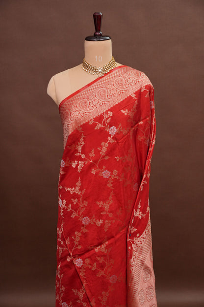 Banarasi Silk Saree – Classic Red with Intricate Gold Zari Floral Weave