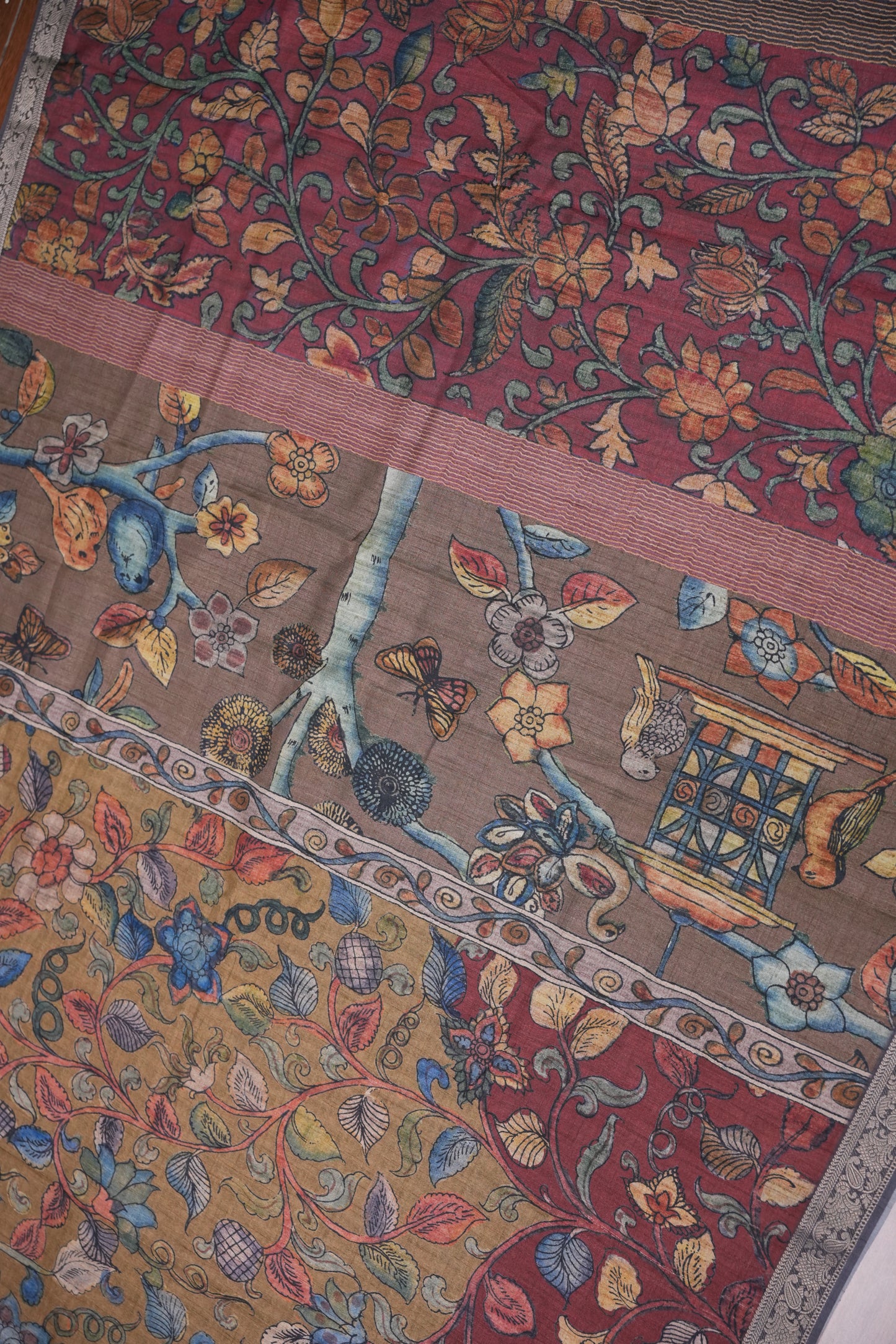 Linen Tussar Saree with Kalamkari Digital Print – Wine Floral Theme