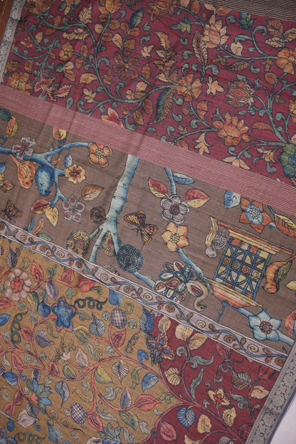 Linen Tussar Saree with Kalamkari Digital Print – Wine Floral Theme
