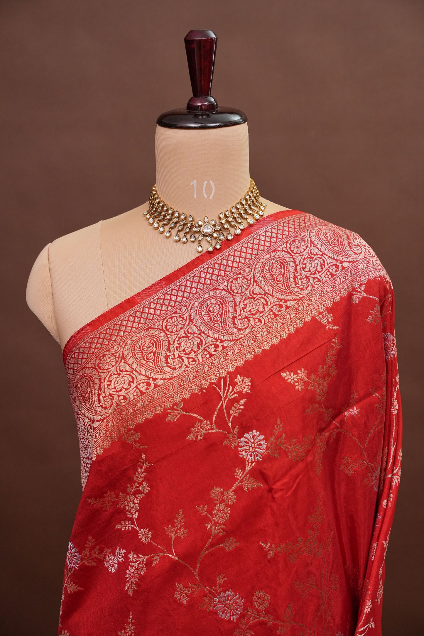 Banarasi Silk Saree – Classic Red with Intricate Gold Zari Floral Weave