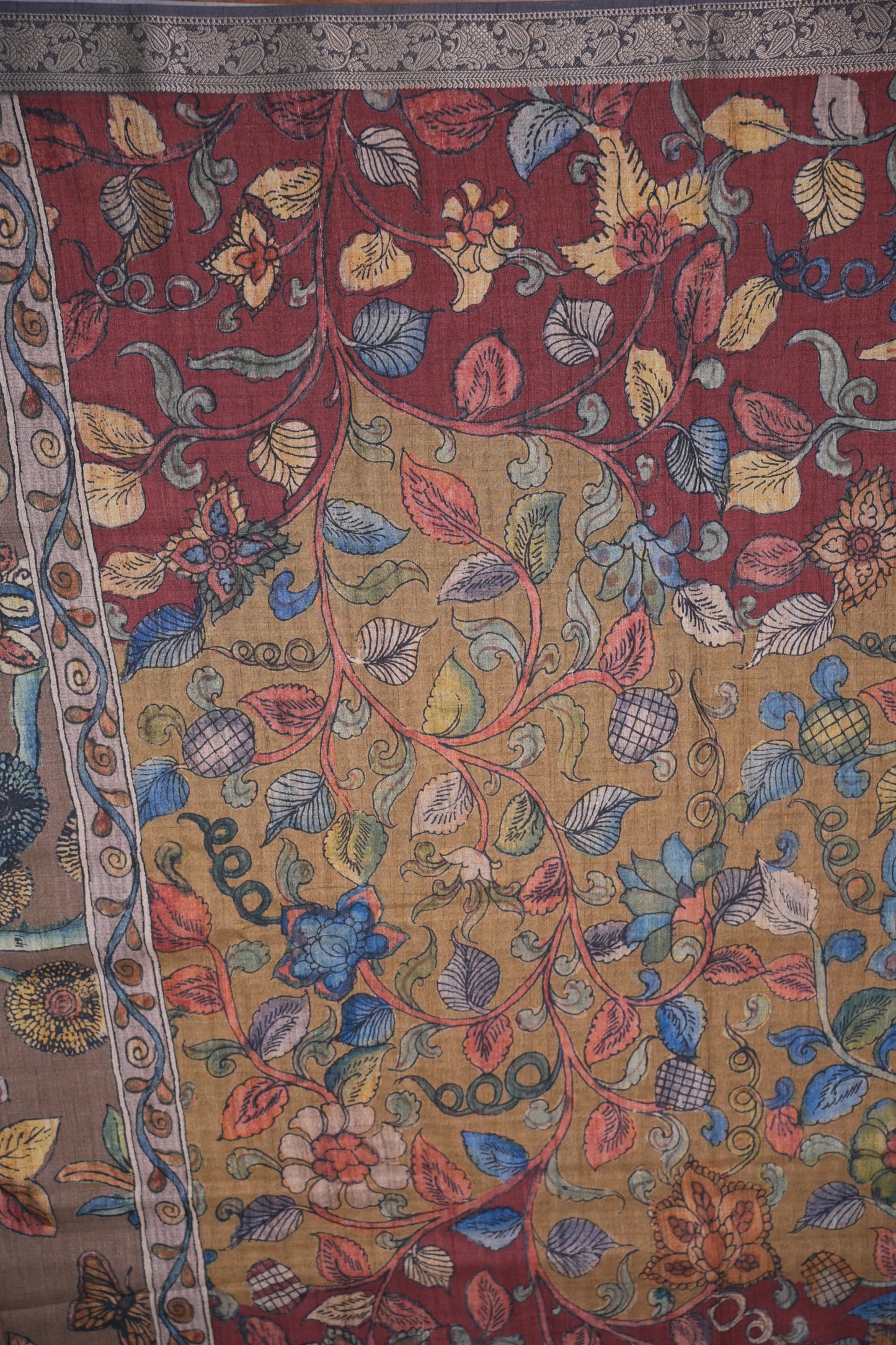 Linen Tussar Saree with Kalamkari Digital Print – Wine Floral Theme