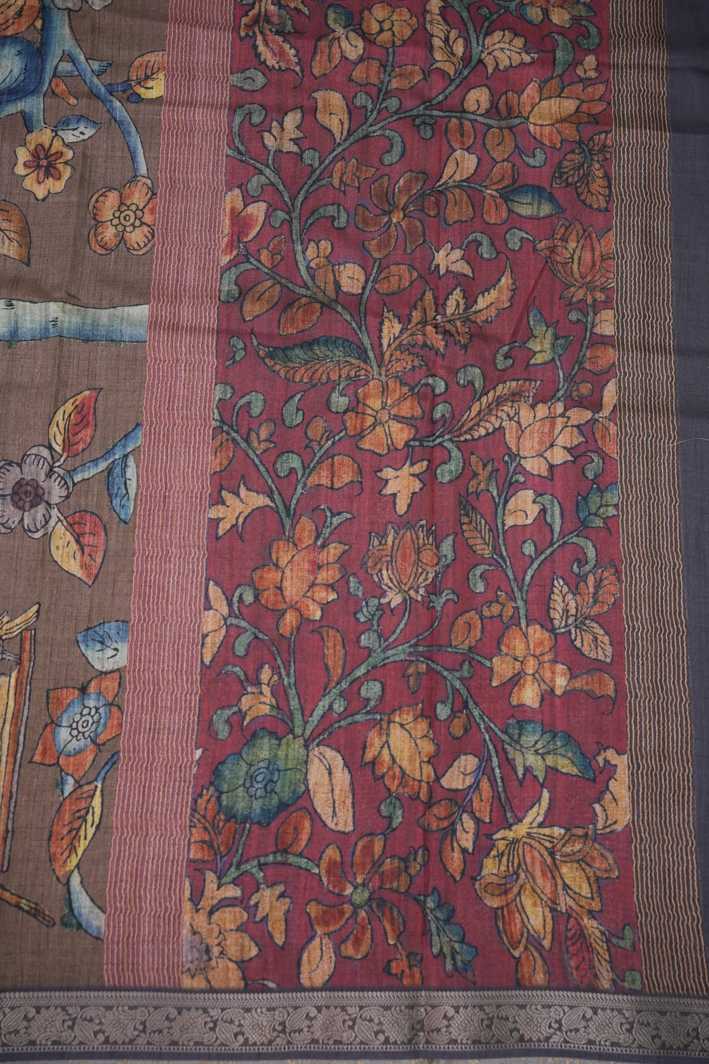 Linen Tussar Saree with Kalamkari Digital Print – Wine Floral Theme