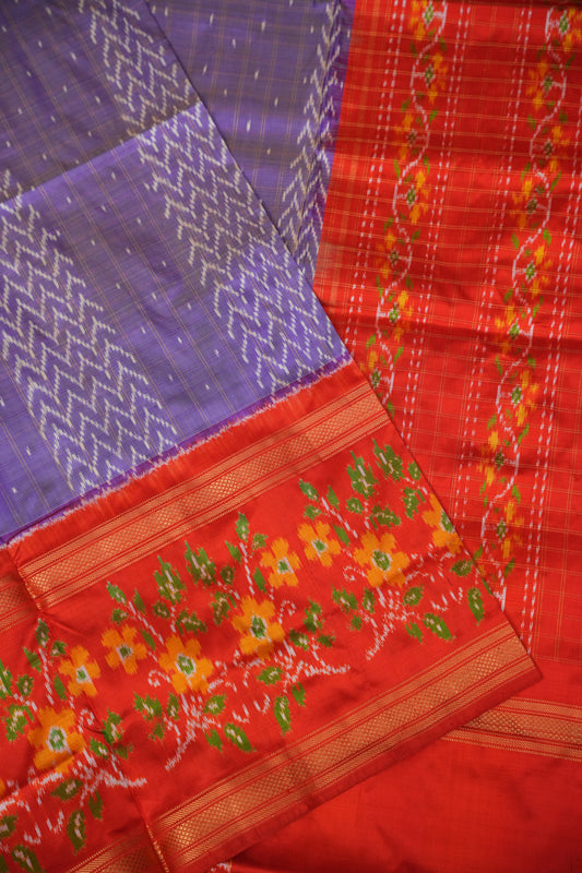 Pure Ikkat Soft Silk Saree - Lavender & Orange