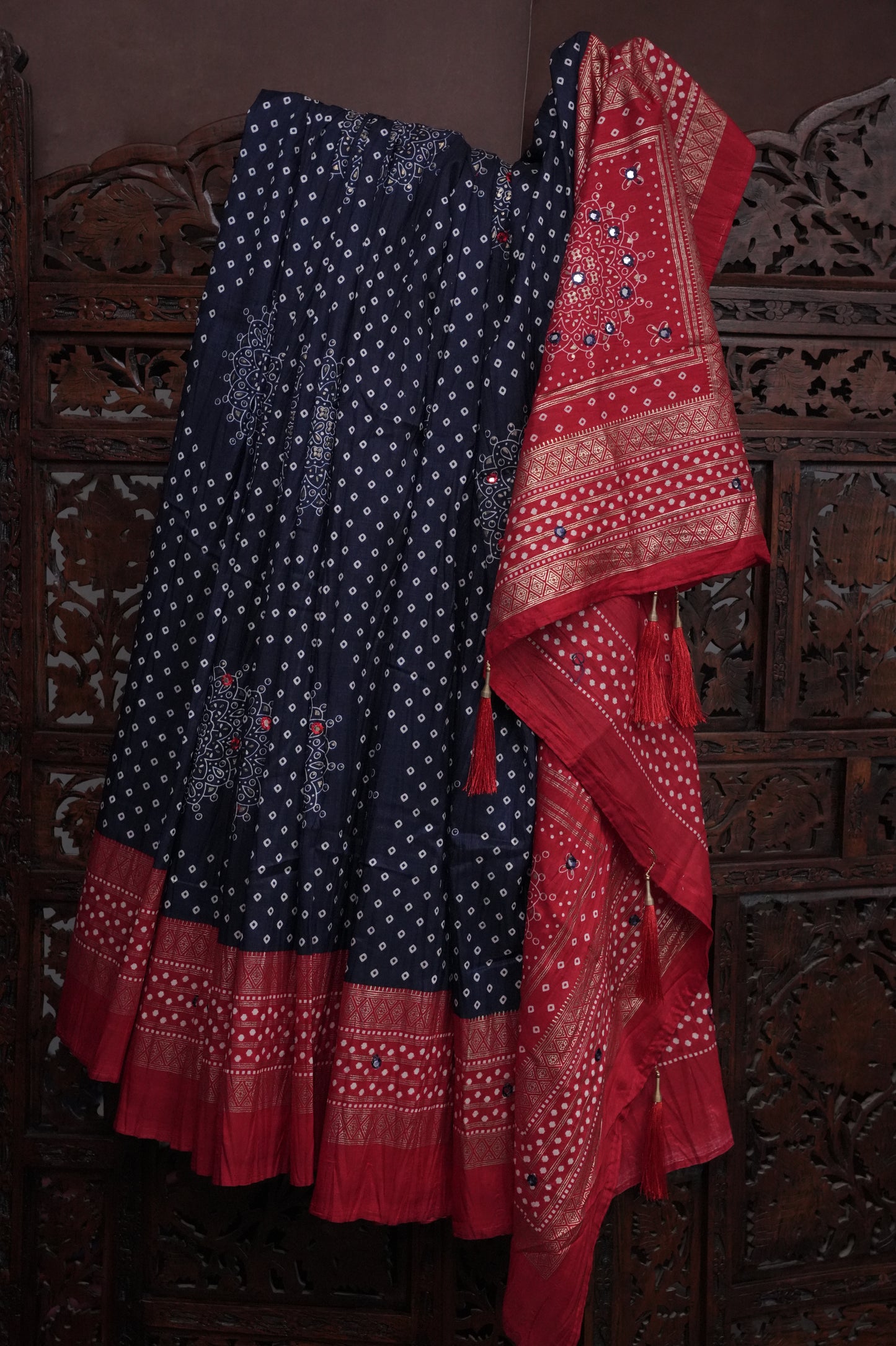 Bandhini Digital Print Semi Silk Saree - Blue and Red