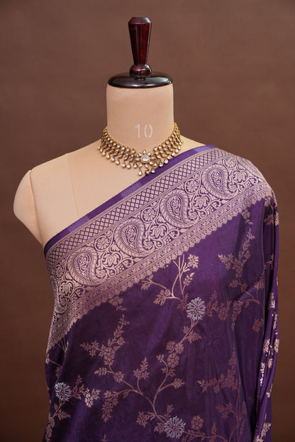 Banarasi Silk Saree – Royal Purple with Intricate Gold Zari Floral Weave