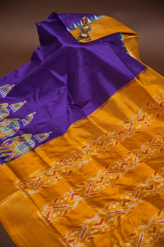 Pure Ikkat Soft Silk Saree - Deep Purple & Mustard Yellow