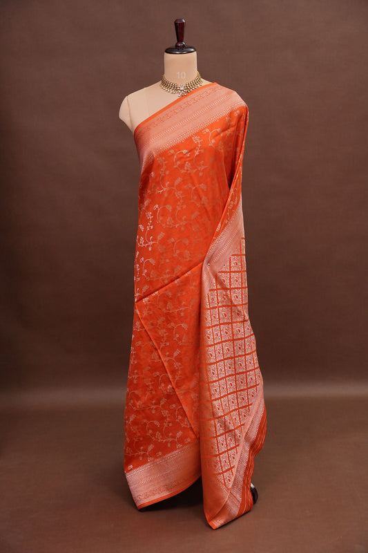 Banarasi Silk Saree – Vibrant Coral Orange with Antique Gold Zari Floral Weave
