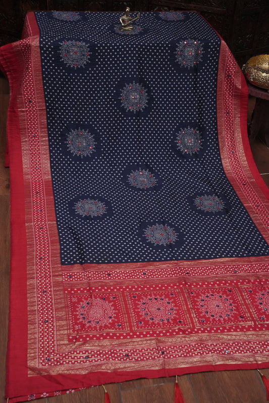 Bandhini Digital Print Semi Silk Saree - Blue and Red
