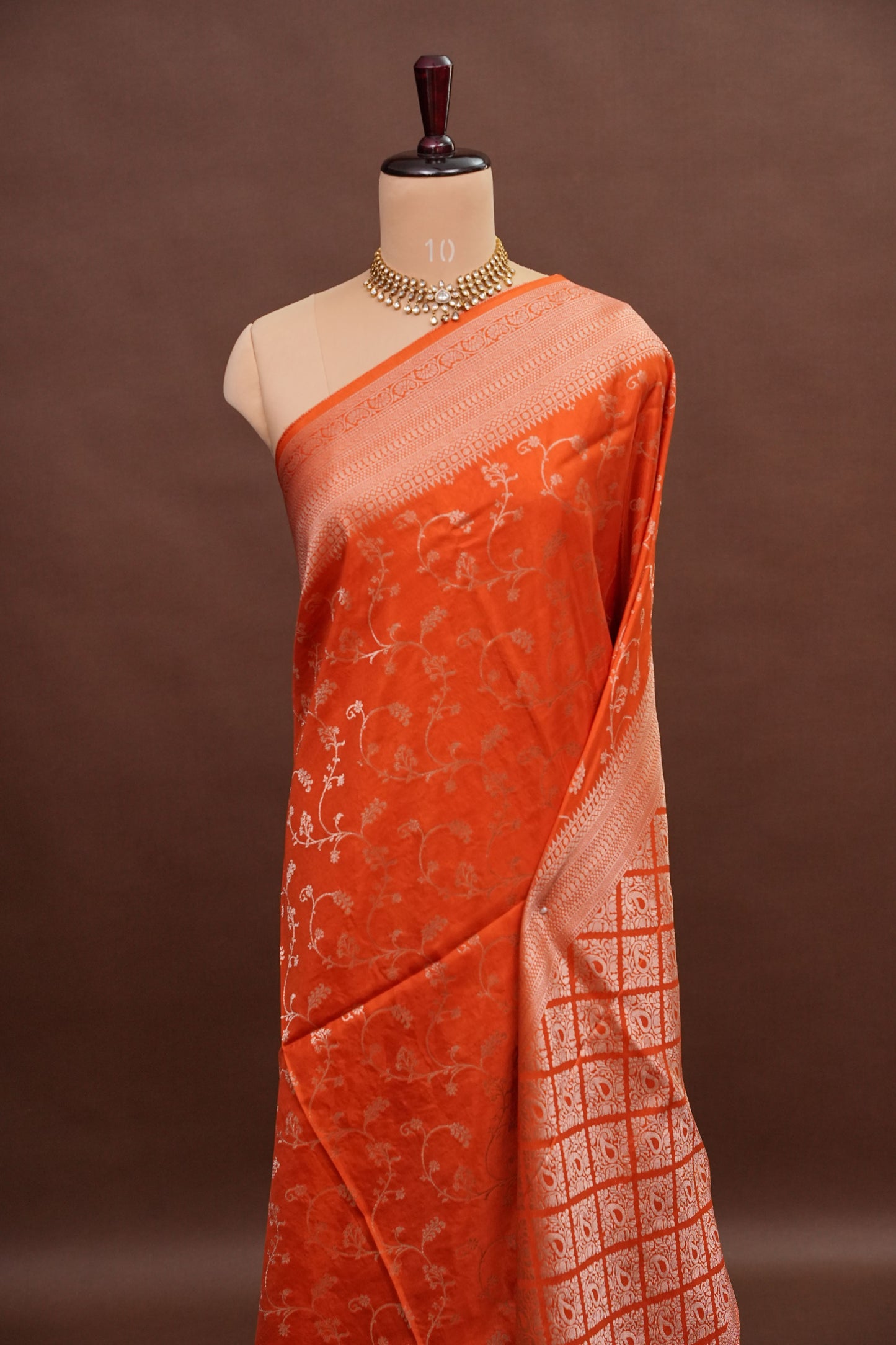Banarasi Silk Saree – Vibrant Coral Orange with Antique Gold Zari Floral Weave
