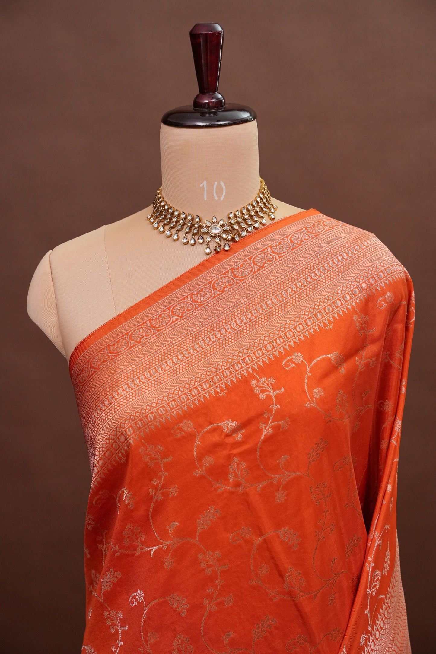 Banarasi Silk Saree – Vibrant Coral Orange with Antique Gold Zari Floral Weave