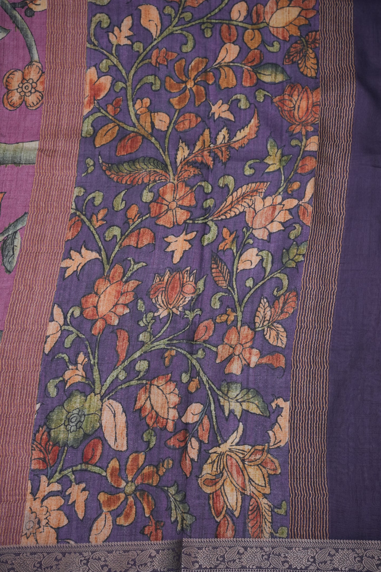 Linen Tussar Saree with Kalamkari Digital Print – Purple Floral Theme