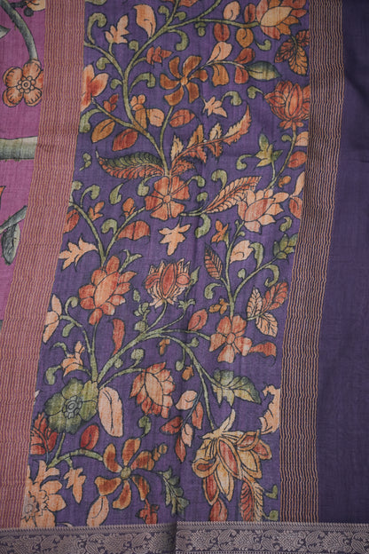 Linen Tussar Saree with Kalamkari Digital Print – Purple Floral Theme
