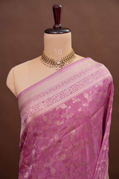 Banarasi Silk Saree – Dusty Rose Pink with Elegant Gold Zari Floral Weave