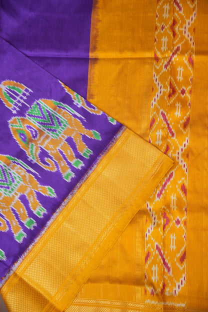Pure Ikkat Soft Silk Saree - Deep Purple & Mustard Yellow