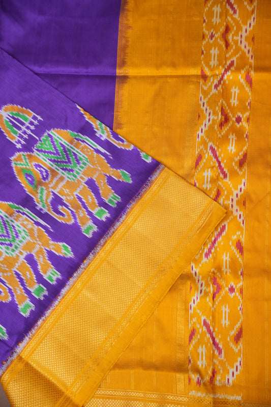 Pure Ikkat Soft Silk Saree - Deep Purple & Mustard Yellow