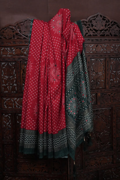 Bandhini Digital Print Semi Silk Saree - Red and Green