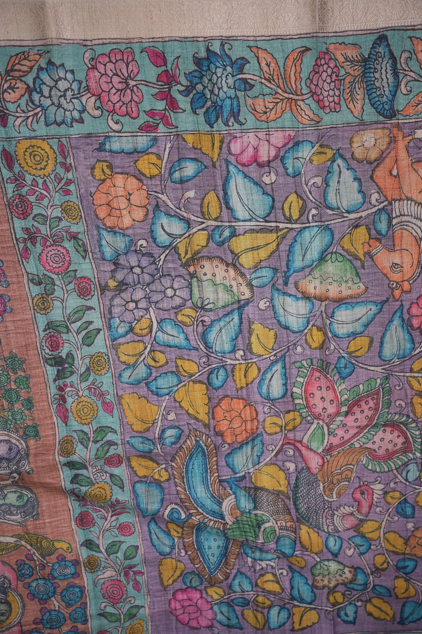 Linen Tussar Saree with Kalamkari Digital Print – Lavender Floral Theme