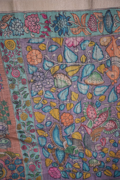 Linen Tussar Saree with Kalamkari Digital Print – Lavender Floral Theme