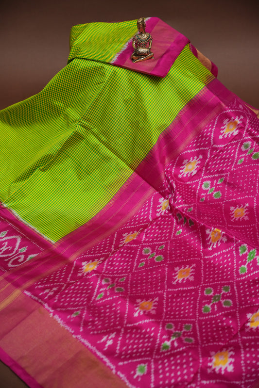 Pure Ikkat Soft Silk Saree - Parrot Green & Pink