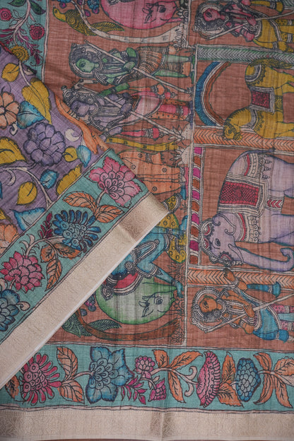 Linen Tussar Saree with Kalamkari Digital Print – Lavender Floral Theme