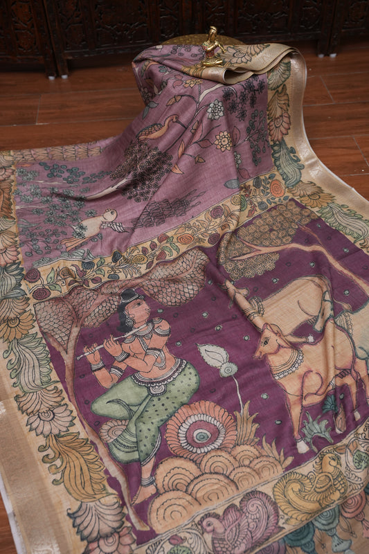 Linen Tussar Saree with Kalamkari Digital Print – Lavender Krishna Theme