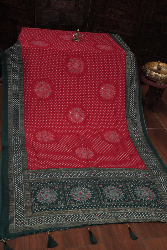 Bandhini Digital Print Semi Silk Saree - Red and Green