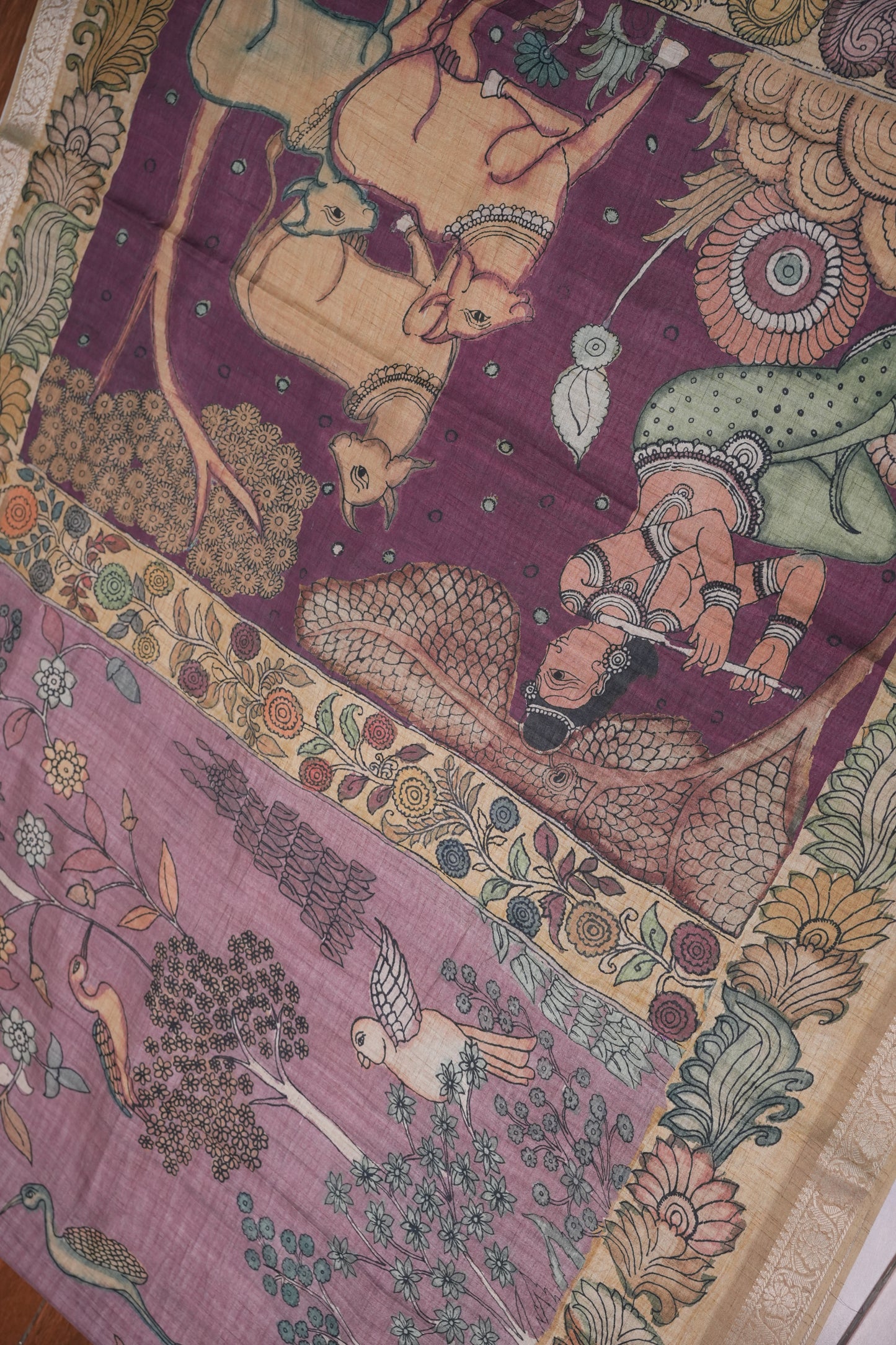 Linen Tussar Saree with Kalamkari Digital Print – Lavender Krishna Theme