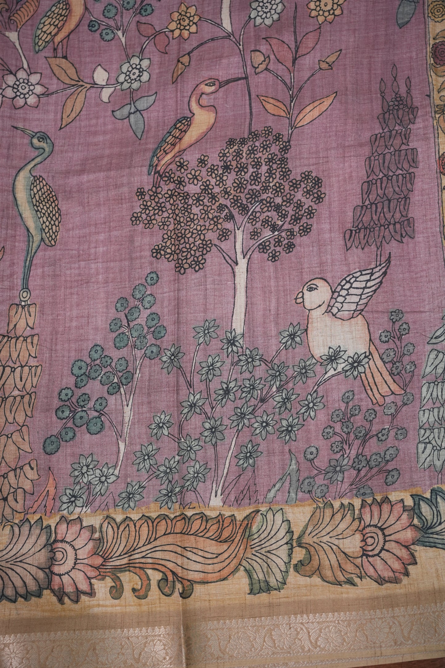 Linen Tussar Saree with Kalamkari Digital Print – Lavender Krishna Theme