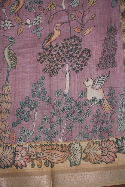 Linen Tussar Saree with Kalamkari Digital Print – Lavender Krishna Theme