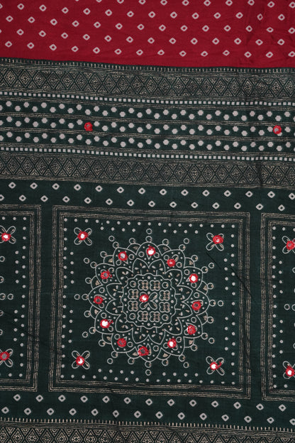 Bandhini Digital Print Semi Silk Saree - Red and Green