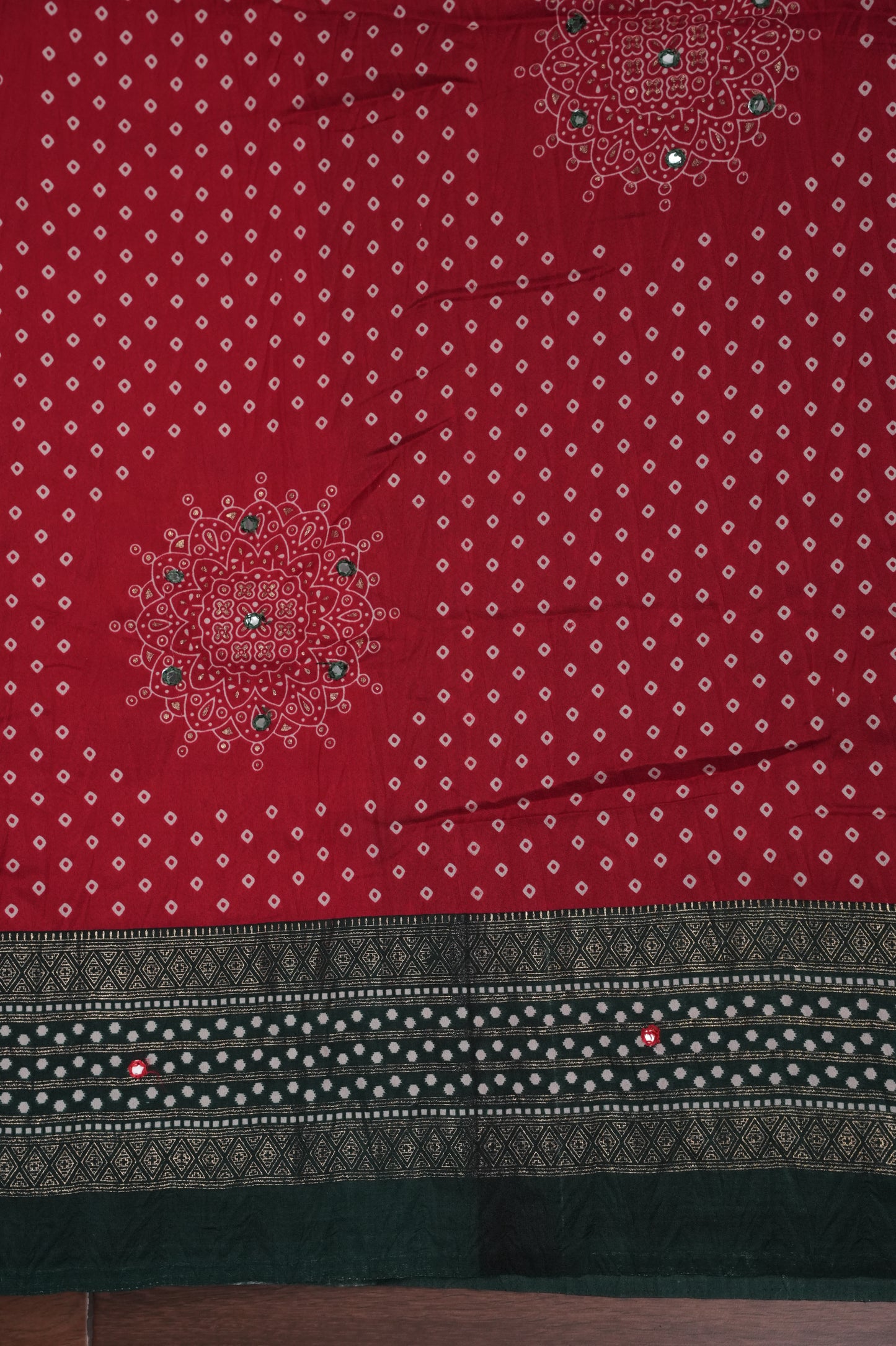 Bandhini Digital Print Semi Silk Saree - Red and Green