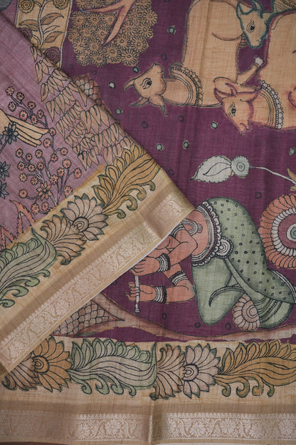 Linen Tussar Saree with Kalamkari Digital Print – Lavender Krishna Theme