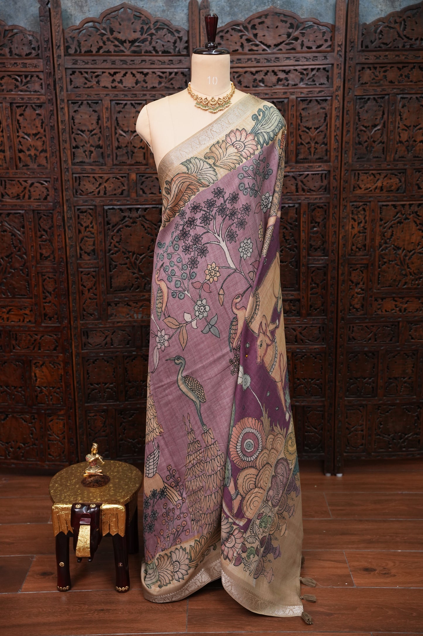 Linen Tussar Saree with Kalamkari Digital Print – Lavender Krishna Theme