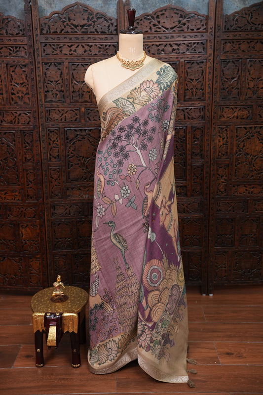 Linen Tussar Saree with Kalamkari Digital Print – Lavender Krishna Theme