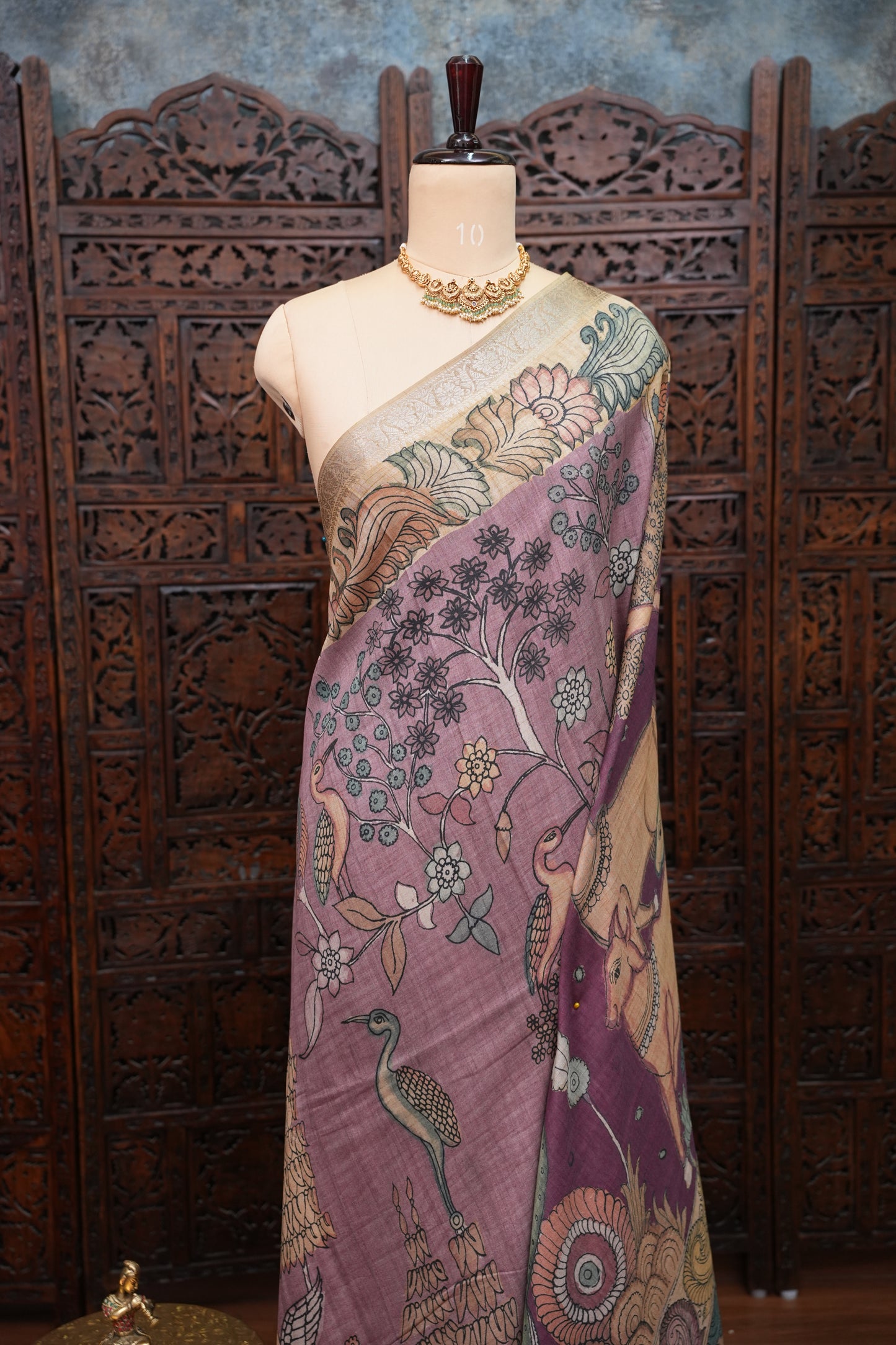 Linen Tussar Saree with Kalamkari Digital Print – Lavender Krishna Theme