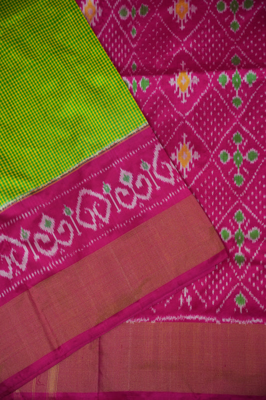Pure Ikkat Soft Silk Saree - Parrot Green & Pink