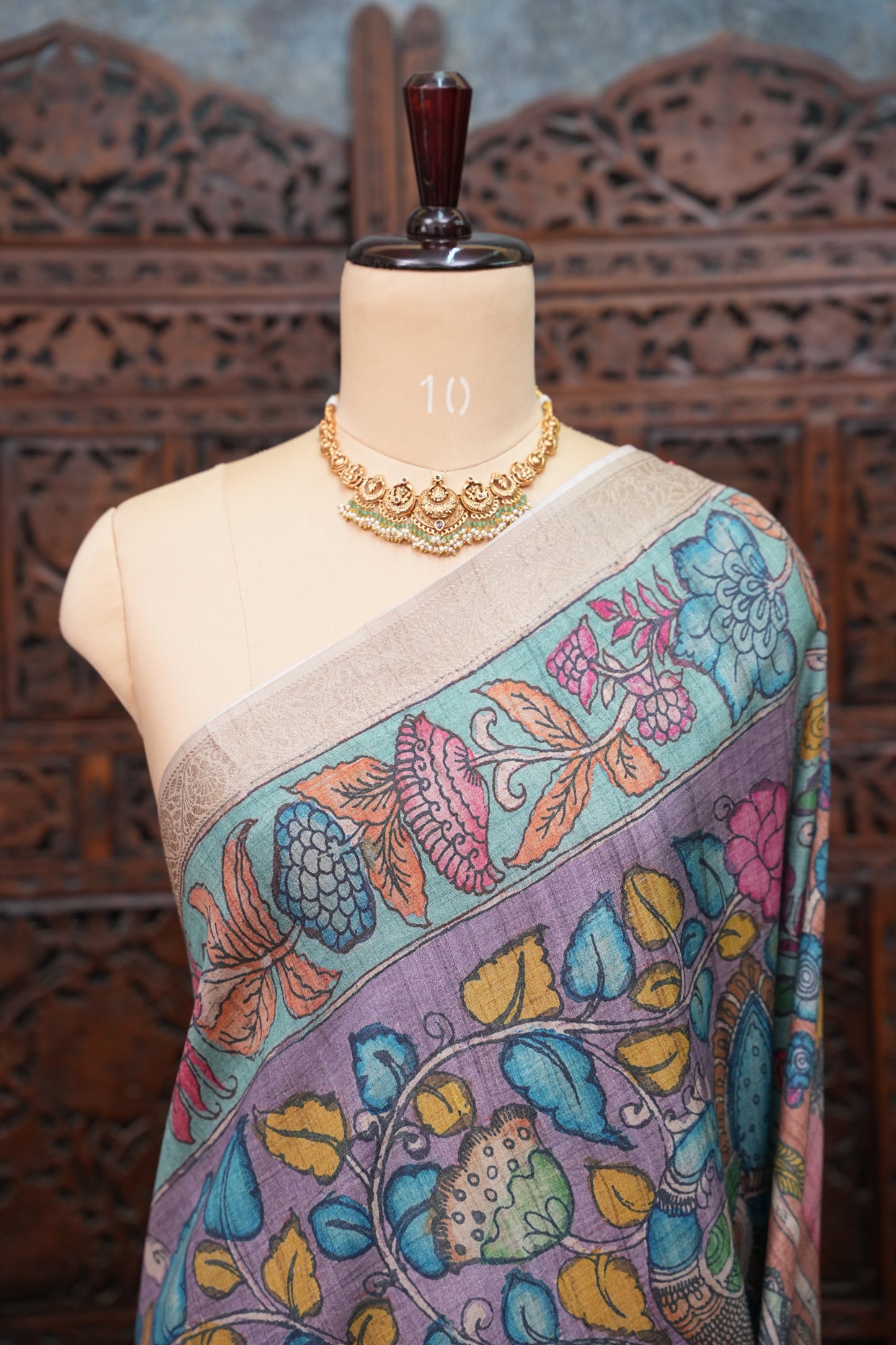 Linen Tussar Saree with Kalamkari Digital Print – Lavender Floral Theme