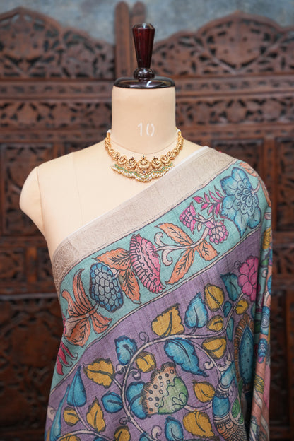 Linen Tussar Saree with Kalamkari Digital Print – Lavender Floral Theme