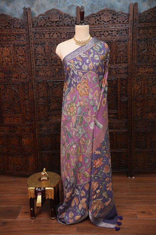 Linen Tussar Saree with Kalamkari Digital Print – Purple Floral Theme
