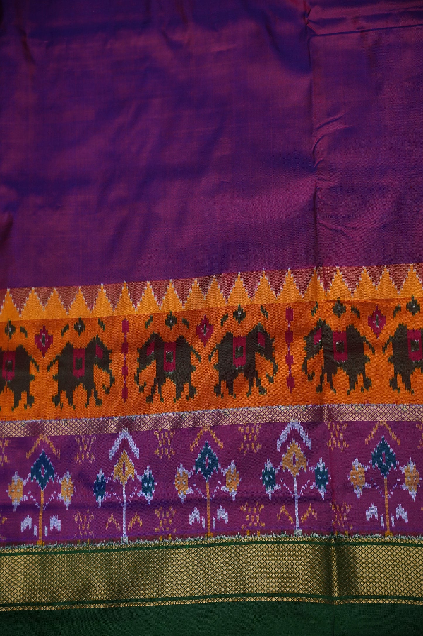 Pure Ikkat Soft Silk Saree - Bottle Green &amp; Deep Purple