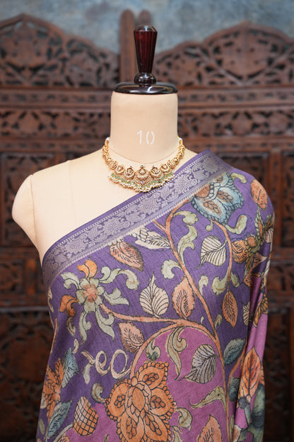 Linen Tussar Saree with Kalamkari Digital Print – Purple Floral Theme