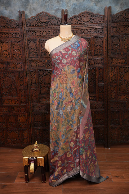 Linen Tussar Saree with Kalamkari Digital Print – Wine Floral Theme